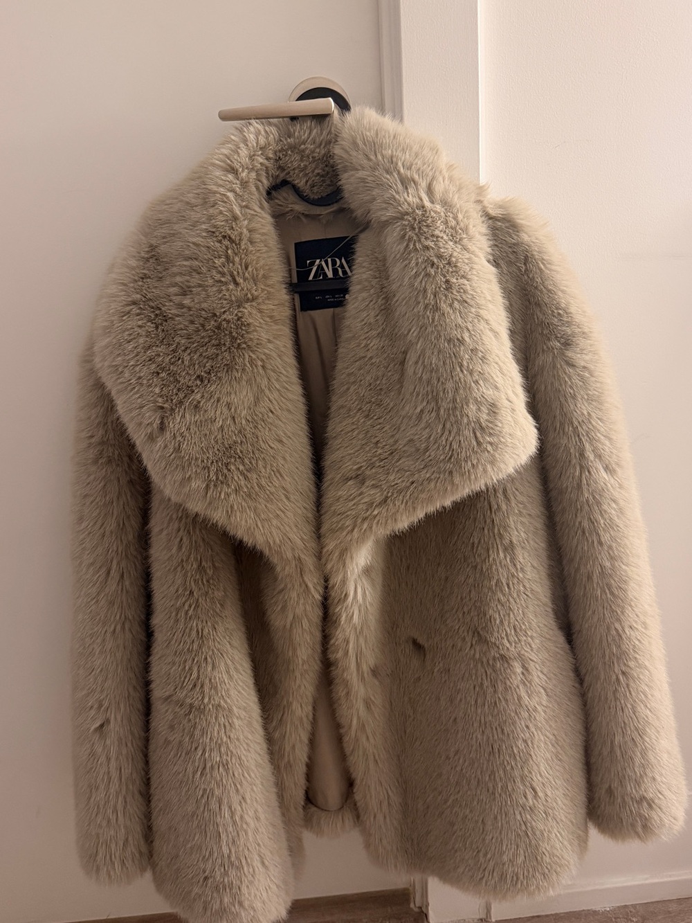 Zara Taupe Faux Fur Jacket with Oversized Collar